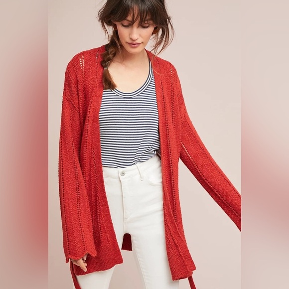 Anthropologie Meadow Rue Priscilla Pointelle Cardigan Orange/Red Size Small - Picture 1 of 14